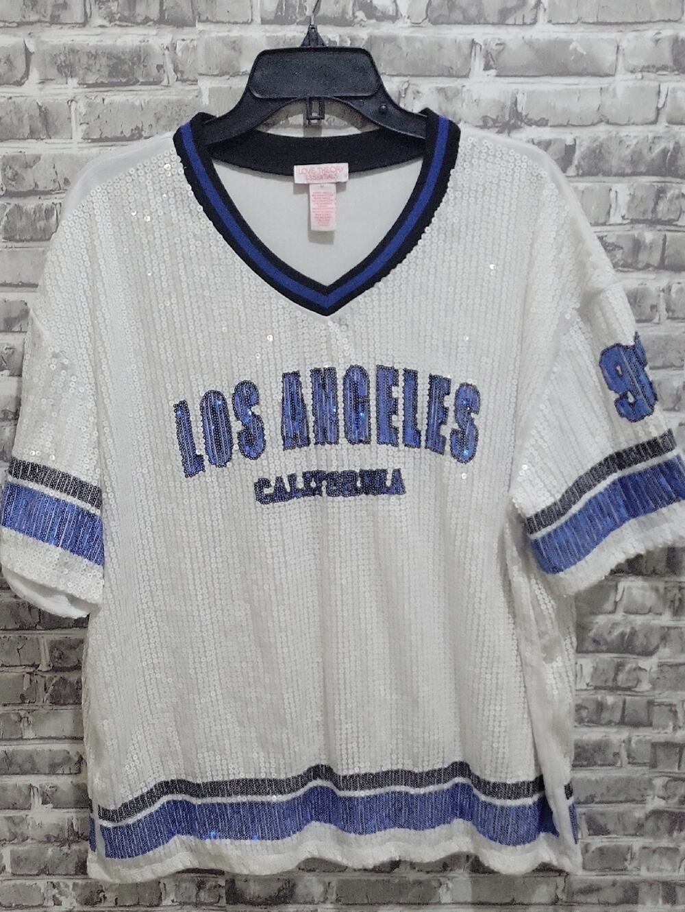 Love Theory White Sequin Los Angeles Jersey with Blue and Black Trim Oversized M